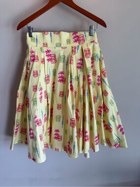 Laura Byrnes California Yellow Tiki Print A-Line Swing Skirt Spring 2017 L